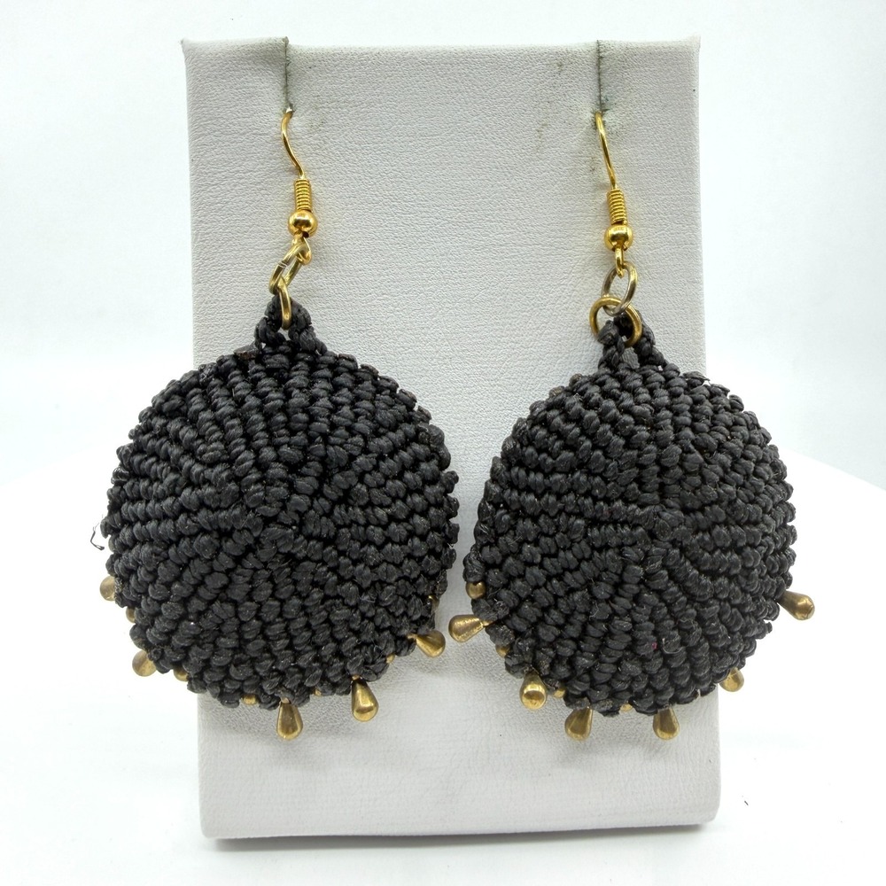 Black Crochet Ball Dangle Earrings Gold Tone Beaded Fringe Boho Statement Gift